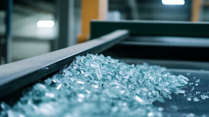 Broken shards of glass fragments on a conveyor, shimmering in cool tones. Evokes recycling or disposal themes. Sharp, angular pieces. Safety concern, factory setting.
