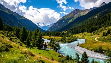 Alpine valley with turquoise river. Lush green meadows, forests, and mountains under a vibrant blue sky with puffy clouds