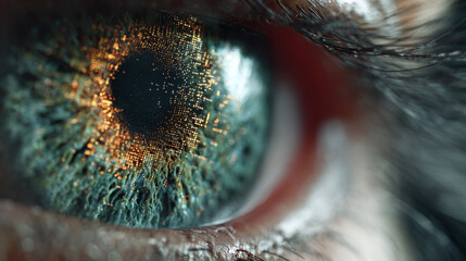 Futuristic digital eye representing AI technology, data analytics, and global vision, featuring glowing elements, circuits, and advanced technological aesthetics.