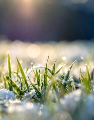 Frosty grass blades covered in a light dusting of snow at sunrise.  Soft morning light highlights the delicate greenery