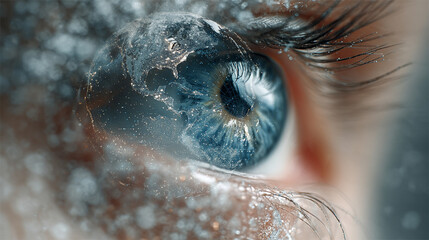 Futuristic digital eye representing AI technology, data analytics, and global vision, featuring glowing elements, circuits, and advanced technological aesthetics.