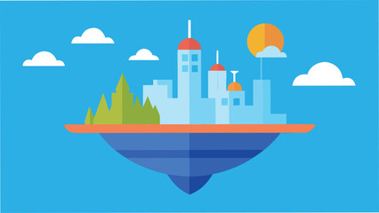 Obraz premium Vector art of floating island with a futuristic city, lush trees, and a radiant sun creating a vibrant and imaginative scene