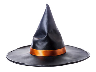 Black witch hat with orange ribbon, isolated on transparent background