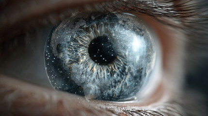 Futuristic digital eye representing AI technology, data analytics, and global vision, featuring glowing elements, circuits, and advanced technological aesthetics.