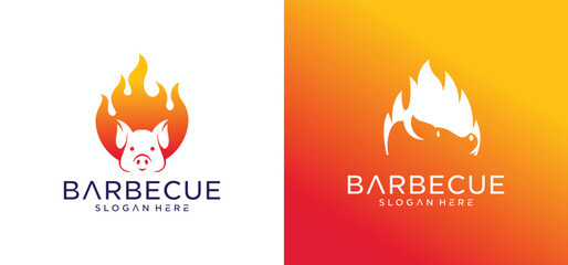 Barbecue logo design with combination of pork and grill fire along with shoes.