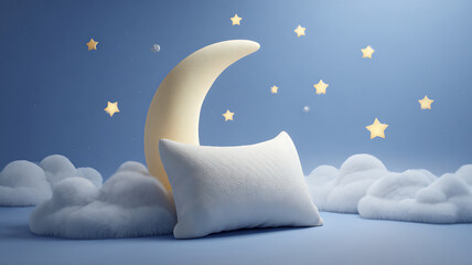 Gentle night scene features a moon, pillow, and soft clouds under a starlit sky.