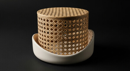 A detailed close-up photograph of vintage sewing craft tools arranged neatly on a clean white background. The composition features an old, slightly worn metal thimble with a soft patina, an isolated s