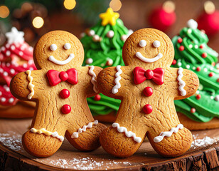 Gingerbread man and Christmas tree shaped cookies. AI