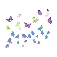 Naklejka premium Scattered Bluebell Flowers and Purple Butterflies Floating in the Air Decorative Spring Floral Vector Element