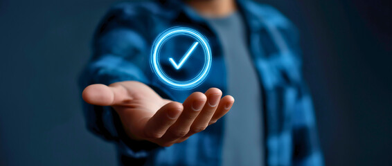 Digital Approval Concept – Hand Holding Virtual Checkmark Symbol