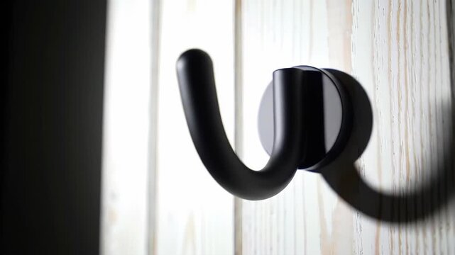 Black hook on wood paneling, house organization, home decor and storage concept, simple design and contemporary style.