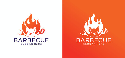 Barbecue logo design with combination of pork and grill fire along with shoes.