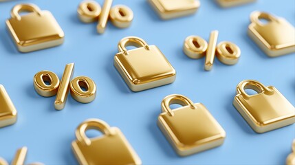 Gold locks and percentage symbols on blue background