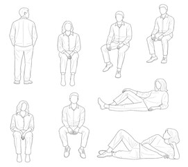 Line Art Human Figures Poses Sitting Standing Lying people outline
