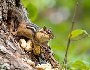 Obraz premium Chipmunk with peanuts on tree
