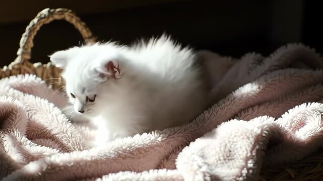 Cute white kitten in basket on blanket. Portrait of a playful white kitten indoors.