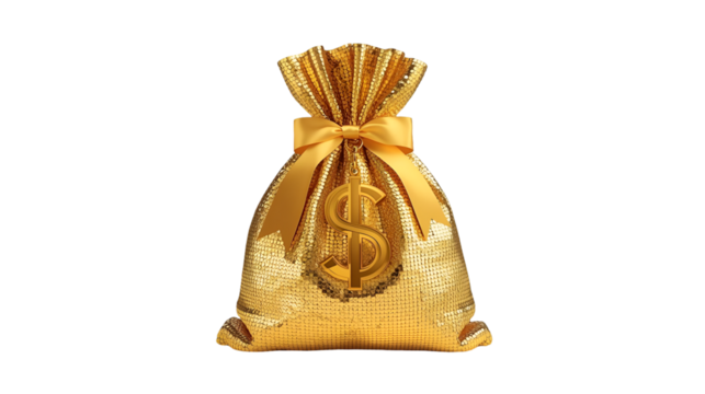 Textured Gold Money Bag with Dollar Sign Charm graphic