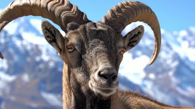 Majestic Markhor with impressive horns against a snowy mountain backdrop, wildlife close-up.