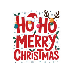 Fototapeta premium Festive ho ho merry christmas typography design with santa hat and antlers