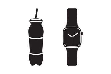 Black silhouette of a water bottle and smartwatch
