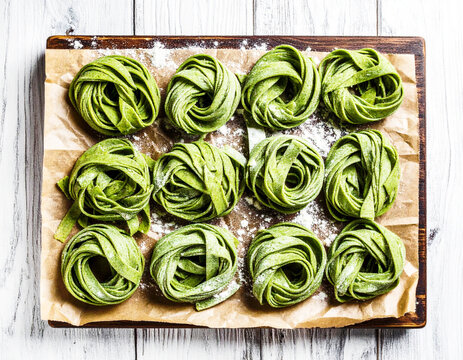Fresh homemade green fettuccine pasta spirals, top view. AI