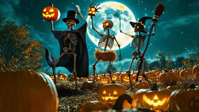 Spooky Skeletons Celebrate Halloween Under Full Moon Surrounded by Glowing Pumpkins for Festive