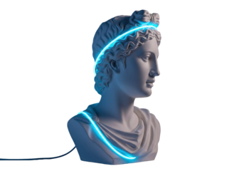 Apollo bust sculpture with neon light isolated on transparent background, modern art piece for home decor and design projects