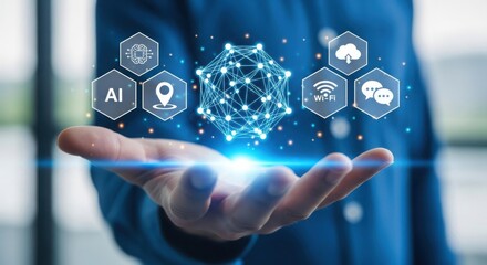 Person holding a digital network of ai and cloud icons