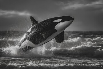 Orca Leaping Powerfully from Ocean Waves with Water Spray, Side Profile, Isolated on Transparent Background jpg