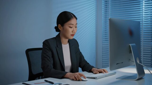 Asian woman typing on computer at desk in modern office for business, technology, communication concept. Working on desktop in the evening.