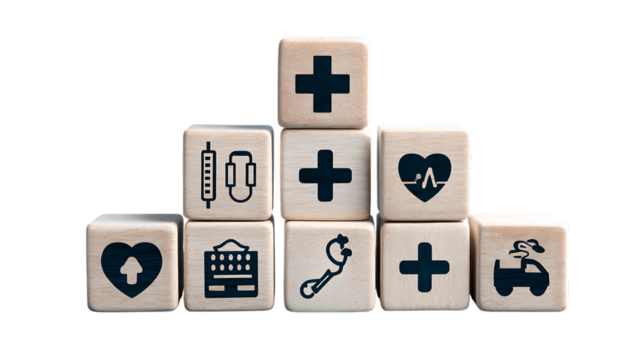 Wooden blocks with health and medical icons arranged in an oval on a white background