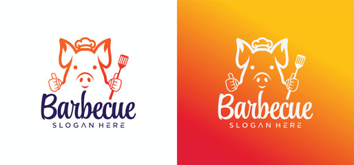 Barbecue logo design with combination of pork and grill fire along with shoes.