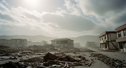 Devastation aftermath of a natural disaster in a coastal town.