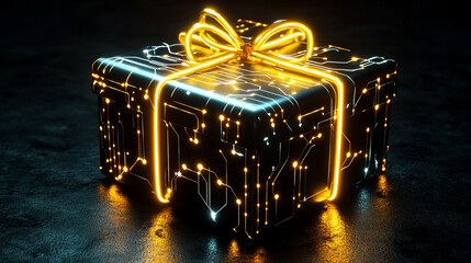 Futuristic neon white, gold, and silver gift box glowing with tech circuit patterns on black, symbolizing high-tech shopping, innovation, and modern holiday sales.
