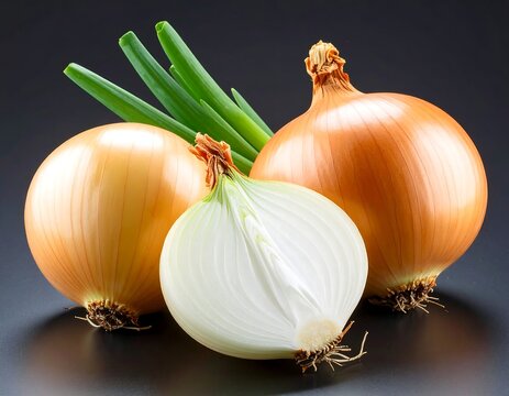 Two whole onions and a sliced onion on a dark background