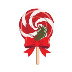 Red and white Christmas lollipop with a red satin bow and a small pine branch, minimalistic flat vector style isolated on white background