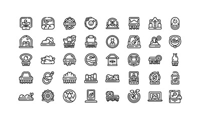 Collection of black outline icons on white background depicting diverse themes and objects silhouette