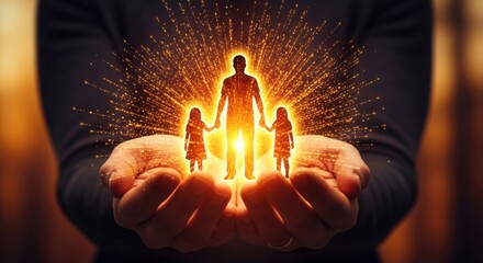 Hands holding glowing silhouettes of a family