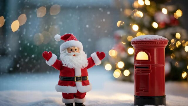 Santa Claus toy waving hello in festive winter scene near a red mailbox and Christmas tree, bringing holiday cheer and anticipation for Christmas morning