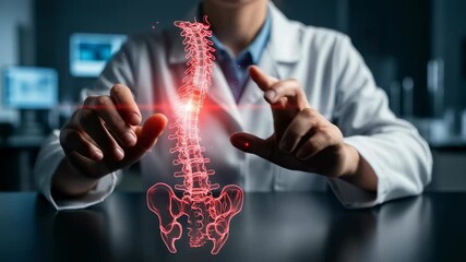 Woman doctor interacting with a digital human spine model with pain showing. Medical science and healthcare technology concept motion graphics. - Powered by Adobe