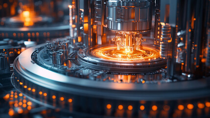 Futuristic small modular nuclear reactor, symbolizing clean energy, innovation, sustainability, and efficiency with advanced safety and reduced environmental impact.