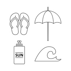 Summer essentials outlined in a simple black and white vector illustration featuring beach flip-flops, an umbrella, sunscreen, and a wave, perfect for summer-themed designs