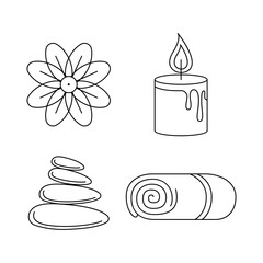 Set of vector line art icons representing spa and wellness elements, including a flower, stacked stones, a candle, and a rolled towel, perfect for beauty and relaxation themes