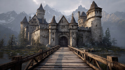 Gothic Medieval Castle With Multiple Towers And Wooden Bridge In Foggy Mountains Under Overcast Gray Sky