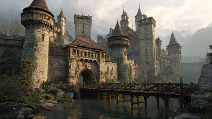 Fototapeta premium Ancient Medieval Castle Ruins With Twin Guard Towers In Misty Valley Surrounded By Mountains And Forest