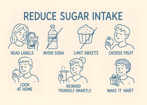 Infographic on how to reduce sugar intake with smart habits like reading labels, avoiding soda and choosing fruit