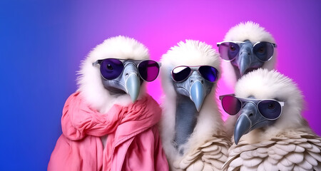 Creative animal concept. Group of vulture bird friends in sunglass shade glasses isolated on solid background, commercial, editorial advertisement, copy text space	
