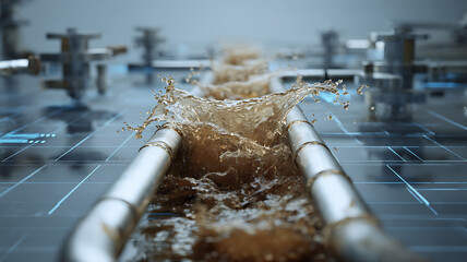 Industrial Water Flow: Liquid splashing through a metallic channel in a high-tech environment.