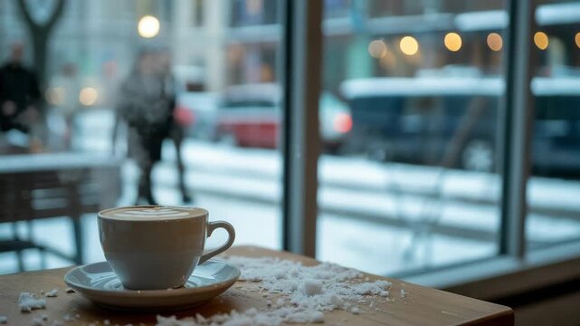 Warm cappuccino art beckons from cozy cafe window as a snowy cityscape drifts by, a serene moment of comfort, perfect for lifestyle branding and winter promotions