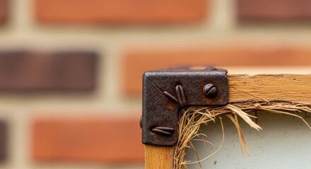 Close-up of rusty metal bracket on worn wooden box with brick wall background